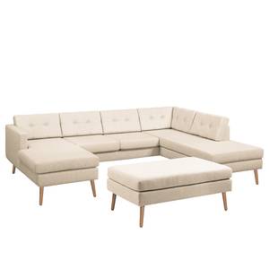 Wohnlandschaft Croom Webstoff Creme - Longchair davorstehend links / Ottomane rechts - Mit Hocker