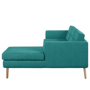 Ecksofa Croom Webstoff Polia: Petrol - Longchair davorstehend rechts - Mit Hocker