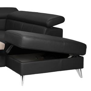 Canapé d'angle Hodge Cuir véritable - Noir - Méridienne longue à droite (vue de face) - Fonction couchage - Coffre de lit