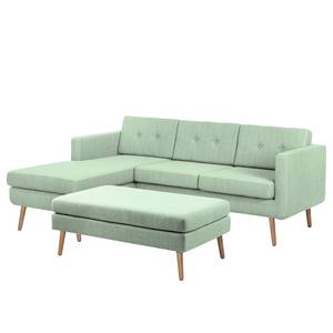 Ecksofa Croom Webstoff - Webstoff Polia: Mintgrau - Longchair davorstehend links - Mit Hocker