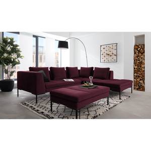 Hoekbank MADISON met ottomane fluweel - Velours Shyla: Aubergine - Longchair vooraanzicht rechts