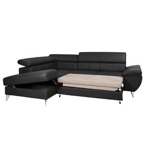 Canapé d'angle Hodge Cuir véritable - Noir - Méridienne longue à gauche (vue de face) - Fonction couchage - Coffre de lit