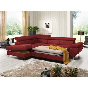 Canapé d'angle Hodge Cuir véritable - Rouge - Méridienne longue à gauche (vue de face) - Fonction couchage - Coffre de lit