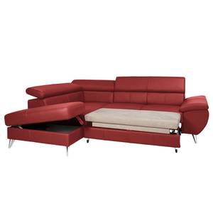 Canapé d'angle Hodge Cuir véritable - Rouge - Méridienne longue à gauche (vue de face) - Fonction couchage - Coffre de lit