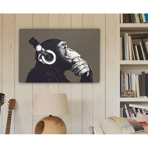 Impression d’art Schimpanse mit Kopfhöre Noir - Marron - Bois manufacturé - Papier - 90 x 60 x 2 cm