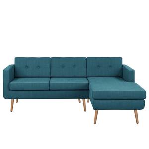 Ecksofa Croom Webstoff Polia: Jeansblau - Longchair davorstehend rechts - Mit Hocker