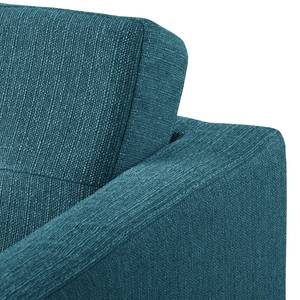 Ecksofa Croom Webstoff Polia: Jeansblau - Longchair davorstehend rechts - Mit Hocker