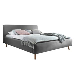 Letto imbottito MATTIS Tessuto/Rovere massello - Tessuto Asha: grigio chiaro - 160 x 200cm - Senza rete a doghe & materasso