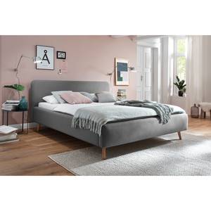 Letto imbottito MATTIS Tessuto/Rovere massello - Tessuto Asha: grigio chiaro - 160 x 200cm - Senza rete a doghe & materasso