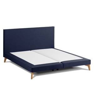 SmoodSpring Bett I Webstoff / Eiche massiv - Dunkelblau - 160 x 200cm