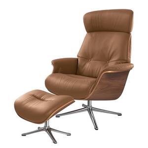 Fauteuil relax Anderson I Cuir véritable Neka : Caramel - Chrome brillant - Noyer