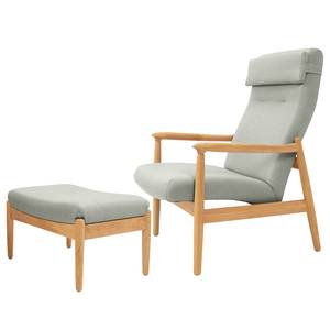 Fauteuil Tioga geweven stof - Lichtgrijs - Lichte eikenhouten - Met hocker