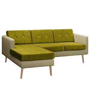Canapé d’angle Croom Microfibre - Tissu Fida / Velours Freda: Beige vert / Vert olive - Méridienne courte à gauche (vue de face) - Sans repose-pieds