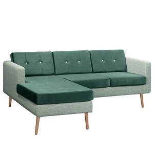 Ecksofa Croom Webstoff Fida / Samt Freda: Mintgrün / Petrol - Longchair davorstehend links - Ohne Hocker