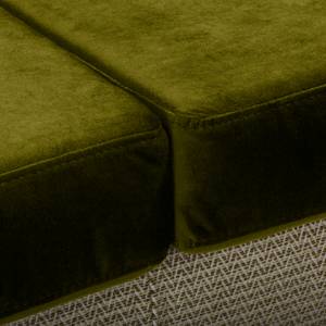 Canapé d’angle Croom Microfibre - Tissu Fida / Velours Freda: Beige vert / Vert olive - Méridienne courte à droite (vue de face) - Sans repose-pieds