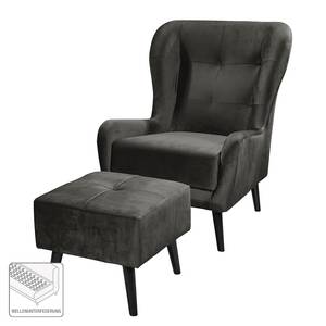 Fauteuil bergère Bellara Velours - Noir - Avec repose-pieds