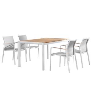 Table et chaises Paros (5 éléments) Teck massif / Tissu - Gris / Blanc