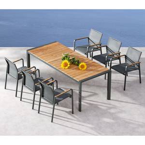 Table et chaises Paros (7 éléments) Teck massif / Tissu - Anthracite / Marron