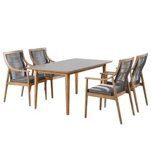 Table et chaises Barletta (5 éléments) Eucalyptus massif / Tissu - Gris / Marron