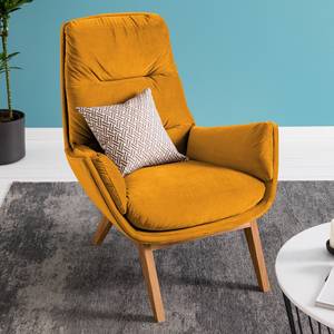 Fauteuil GARBO avec pieds en bois Velours Shyla: Jaune moutarde - Chêne foncé