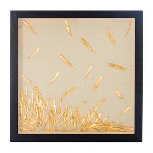 Tableau déco plumes dorées Doré - Verre - Fibres naturelles - Textile - En partie en bois massif - 80 x 80 x 5 cm