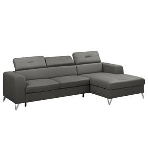 Ecksofa Lucena Echtleder - Grau - Longchair davorstehend rechts - Schlaffunktion - Bettkasten