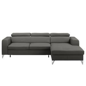 Ecksofa Lucena Echtleder - Grau - Longchair davorstehend rechts - Schlaffunktion - Bettkasten