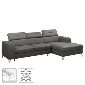 Ecksofa Lucena Echtleder - Grau - Longchair davorstehend rechts - Schlaffunktion - Bettkasten