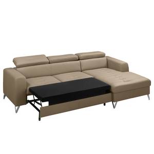 Ecksofa Lucena Echtleder - Taupe - Longchair davorstehend rechts - Schlaffunktion - Bettkasten