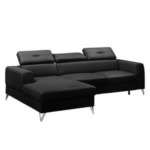 Ecksofa Lucena Echtleder - Schwarz - Longchair davorstehend links - Schlaffunktion - Bettkasten