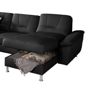 Canapé panoramique Kappel Cuir véritable - Noir - Méridienne courte à droite / longue à gauche (vue de face) - Fonction couchage - Coffre de lit