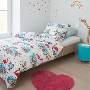 Kinderbeddengoed Flamingo Flower katoen - wit/meerdere kleuren - 120x150cm + kussen 70x60cm