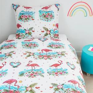 Kinderbettwäsche Flamingo Flower Baumwollstoff - Weiß / Mehrfarbig - 135 x 200 cm + Kissen 80 x 80 cm