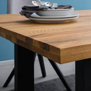 Eettafel Woodha U massief eikenhout/staal - Eik - Breedte: 160 cm - Met uitschuifbaar middengedeelte en inlegplaten - Zwart