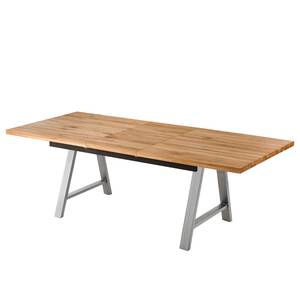 Eettafel Woodha A massief eikenhout/staal - Eik - Breedte: 180 cm - Met uitschuifbaar middengedeelte en inlegplaten - Zilver