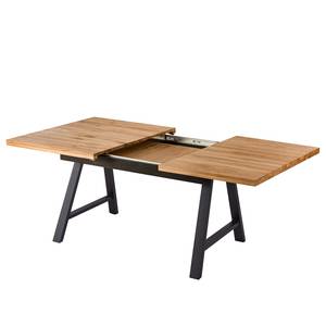 Eettafel Woodha A massief eikenhout/staal - Eik - Breedte: 160 cm - Met uitschuifbaar middengedeelte en inlegplaten - Zwart