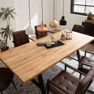 Table Woodha A Chêne massif / Acier - Chêne - Largeur : 160 cm - Avec rallonge centrale et plateaux insérés - Noir