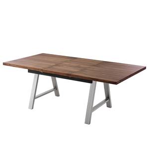 Eettafel Woodha A massief acaciahout/staal - Walnoot - Breedte: 160 cm - Met uitschuifbaar middengedeelte en inlegplaten - Zilver