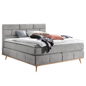 Boxspring Lasse geweven stof/deels massief eikenhout - Heldergrijs - 180 x 200cm - Tweepersoonsmatras H2/H3