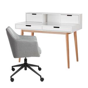 Ensemble de bureau LINDHOLM A - 2 élém. Partiellement en chêne massif / Tissu - Blanc / Gris clair - Tissu Cors: Granite