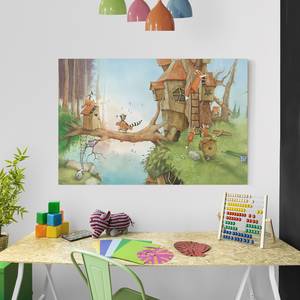 Tableau déco Wassili & la famille renard Toile / Épicéa massif - Multicolore - 60 x 40 cm