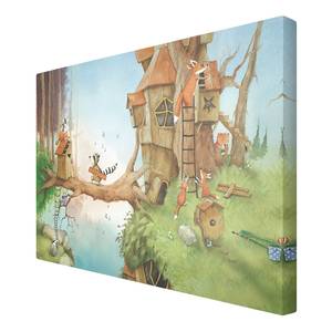Tableau déco Wassili & la famille renard Toile / Épicéa massif - Multicolore - 60 x 40 cm
