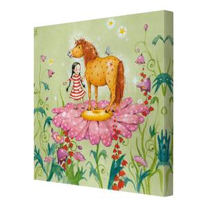 Bild Das Zauberpony auf der Blüte Leinwand /  Massivholz Fichte - Mehrfarbig - 100 x 100 cm