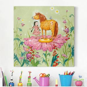 Bild Das Zauberpony auf der Blüte Leinwand /  Massivholz Fichte - Mehrfarbig - 40 x 40 cm