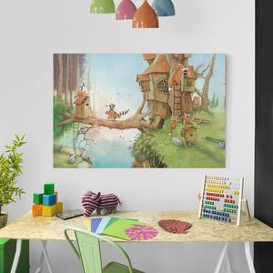 Tableau déco Wassili & la famille renard Toile / Épicéa massif - Multicolore - 90 x 60 cm