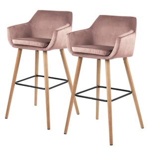 Chaises de bar Nicholas III (lot de 2) Velours / Chêne massif - Chêne - Vieux rose / Chêne