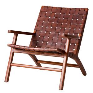 Loungefauteuil Bourbourg leren vlechtwerk/massief teakhout - cognacbruin/teakhout