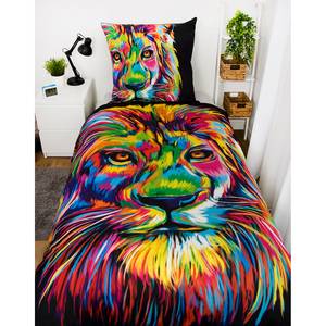 Parure de lit lion Bureau Artistique Coton - Noir / Multicolore - 155 x 220 cm + oreiller 80 x 80 cm