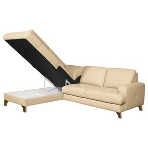 Ecksofa London Echtleder / Kunstleder - Warmes Beige - Ottomane davorstehend links - Schlaffunktion - Bettkasten