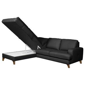 Canapé d’angle London Cuir véritable / Imitation cuir - Noir - Méridienne longue à gauche (vue de face) - Fonction couchage - Coffre de lit